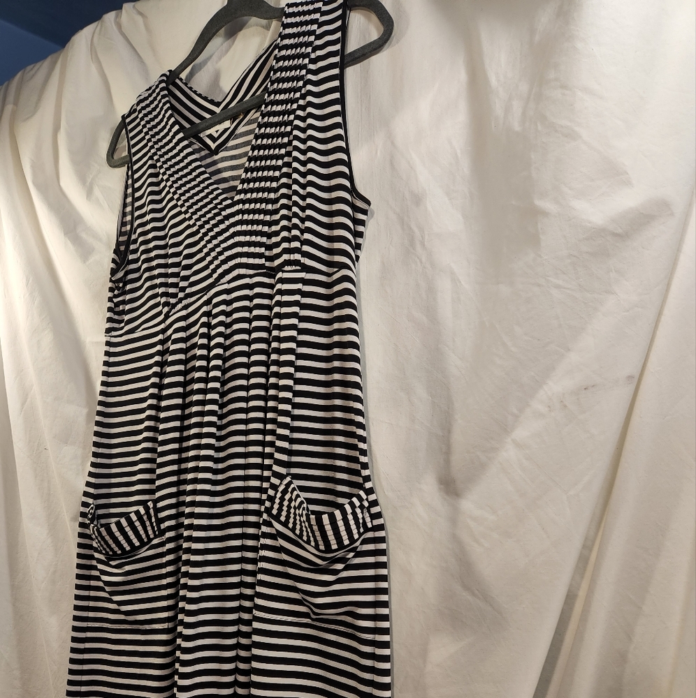Calvin Klein Black and White Striped Midi Dress